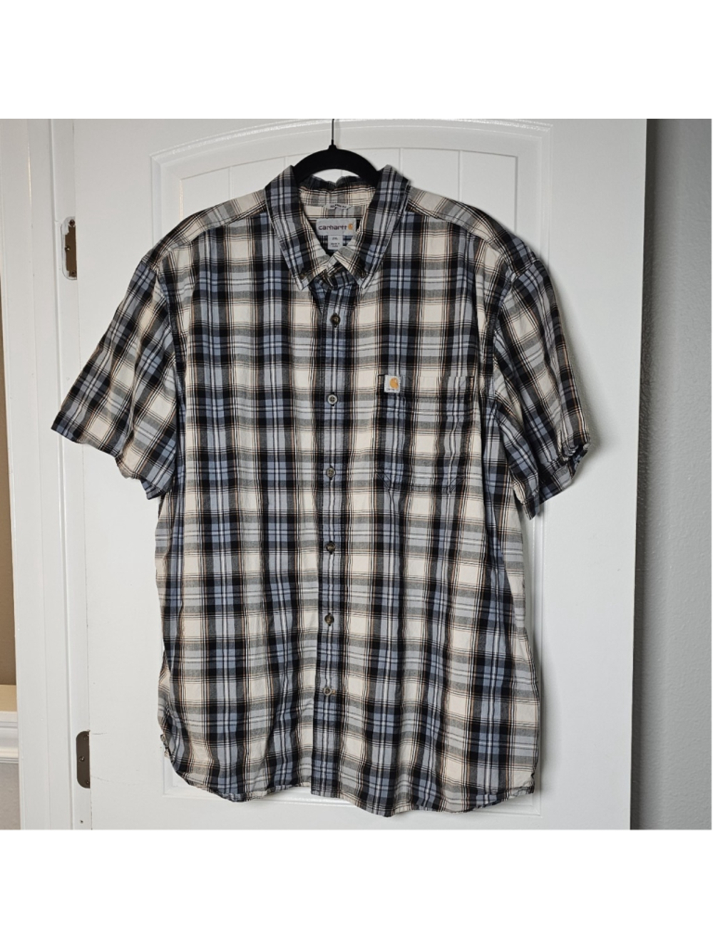 Carhartt 2XL button down short sleeve plaid shirt, blue, cream, gray